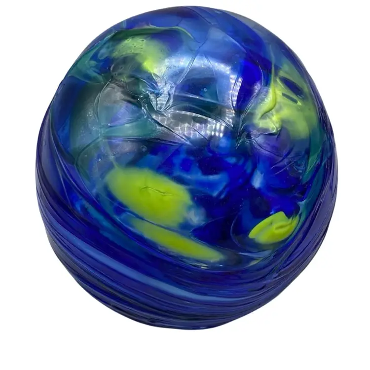 Blown Glass Orb Blue Yellow Retro Earth Look Stamped 8