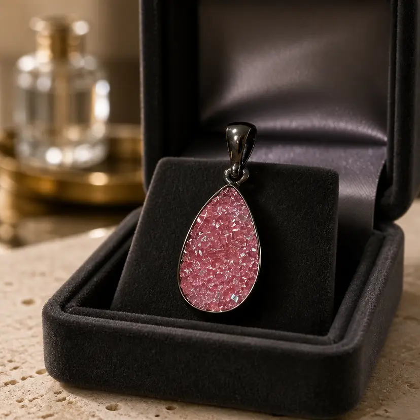 Sterling Silver Teardrop Pendant with Pink Druzy Quartz, 1.5"