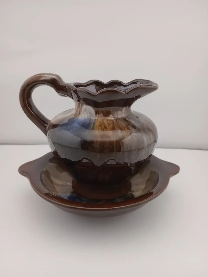 Drip glaze studio pottery pitcher and bowl