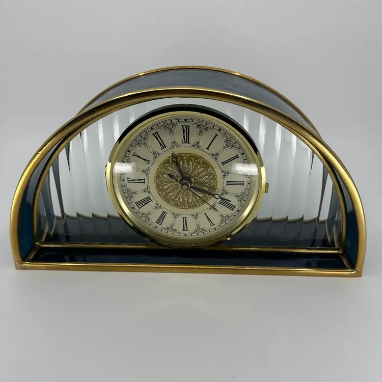 A GORGEOUS Vintage Blue Stained Glass Table Mantle Clock Germany