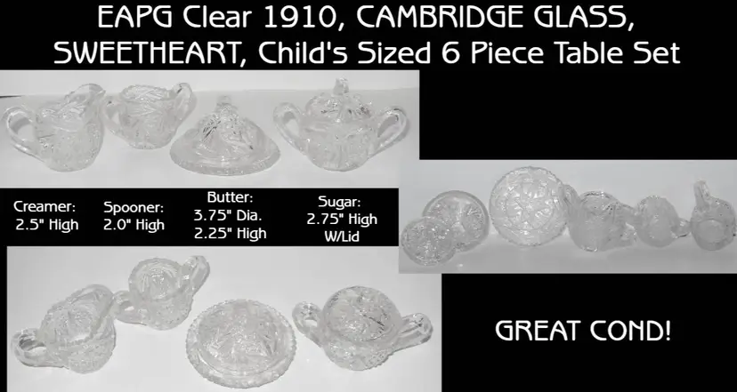 EAPG 1910 Clear Cambridge Glass, 'Sweetheart' 6 pc. Child Sized Table Set