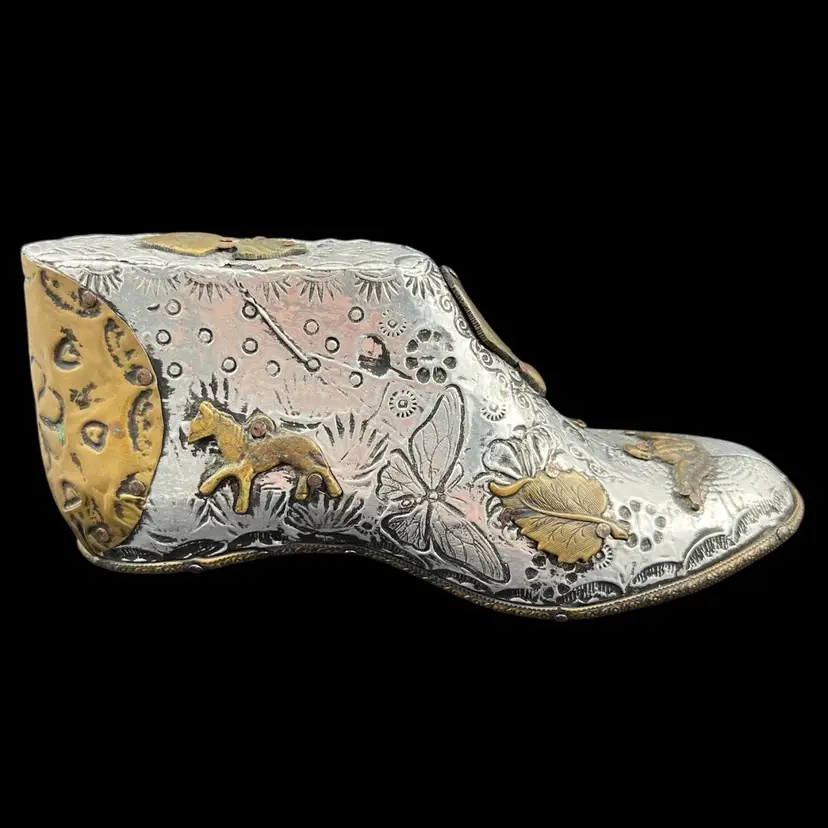 Metal Milagros Mexican Folk Art Shoe Signed Ernesto E *Missing Heel*, Vintage Metal Milagros Charm Shoe, Stamped Metal Over Wood Shoe Art
