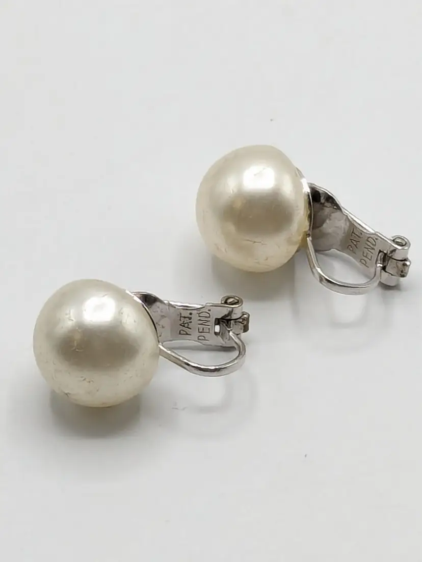 Vintage Marvella Silver Tone Faux Pearl Domed Button Clip On Earrings