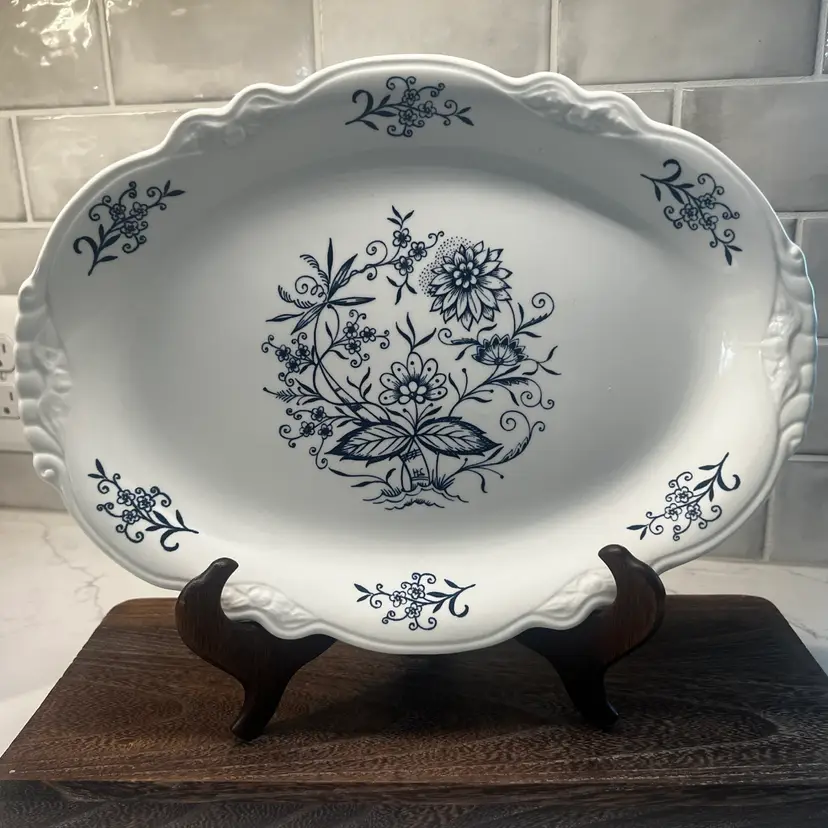 Antique Homer Laughlin Dresden Oval Serving Platter in Blue Onion Pattern, 1960’s