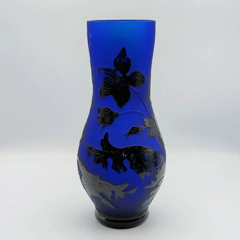 Azugu Glassworks Signed Stiaz Blue Cameo Glass Vase Flowers Art Nouveau Romanian
