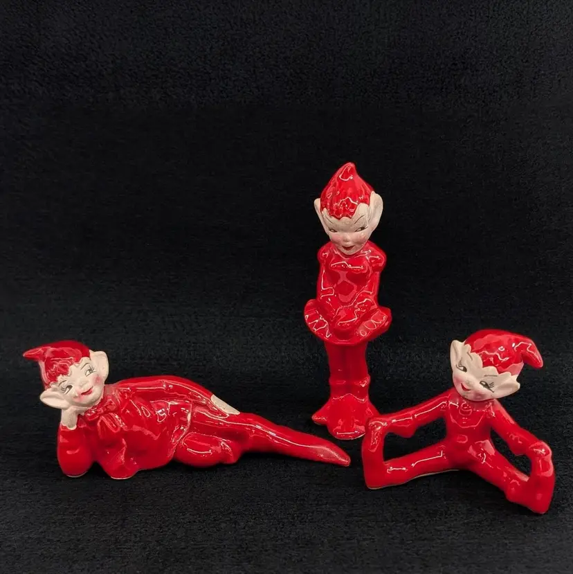 Vintage Gilner Trio of Bright Red Pixie Elves Ceramic Figurines Christmas Kitschy MCM