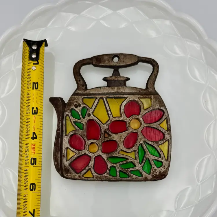 Vintage Cast Iron Stained Glass Teapot Trivet