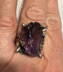 Vintage Mexican Sterling Silver & Amethyst Quartz Adjustable Ring Brutalist