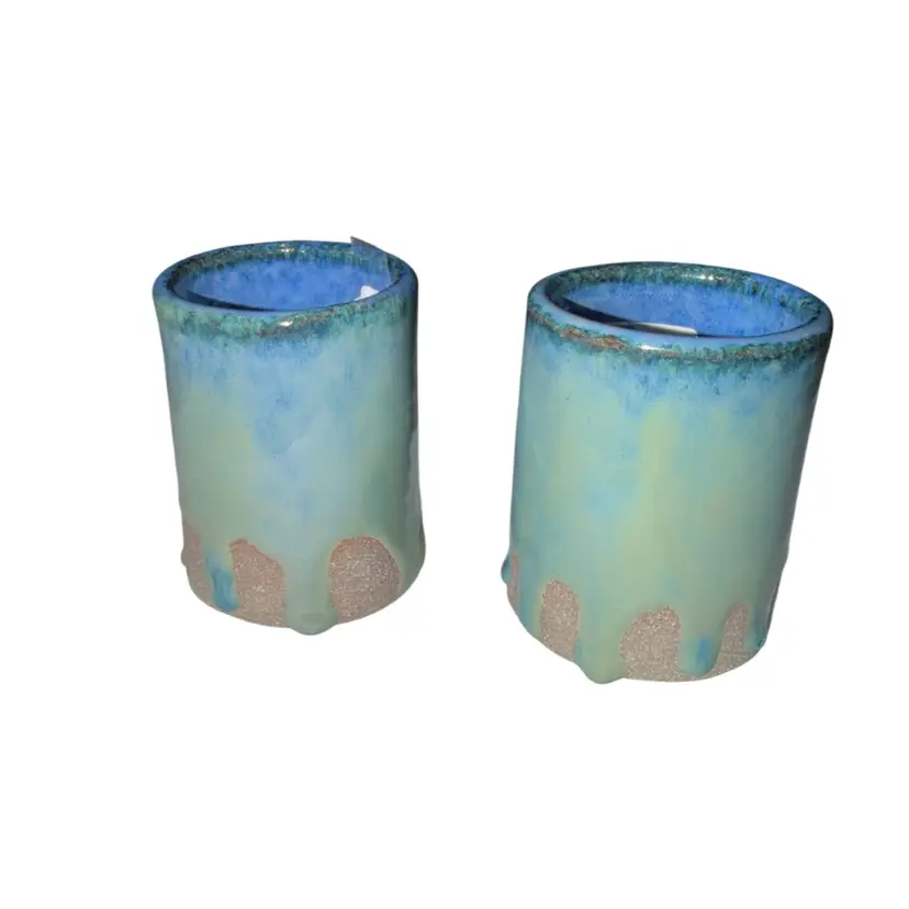 2 Dripped Glazed Stoneware Vase Tumbler Thick Over glazed Intentional Stamped Penny