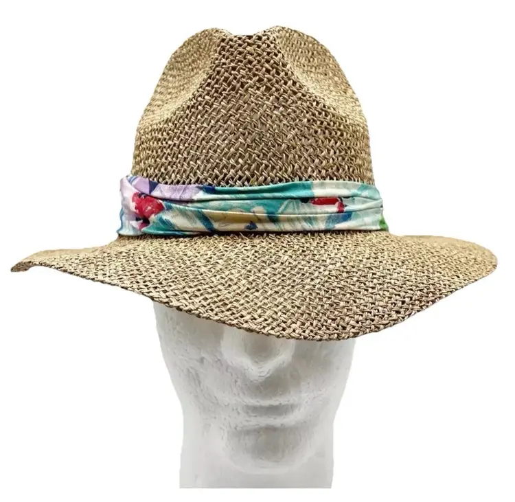 Vintage DORFMAN PACIFIC Straw Hat Size Small Floral Hawaiian Band Summer Sun