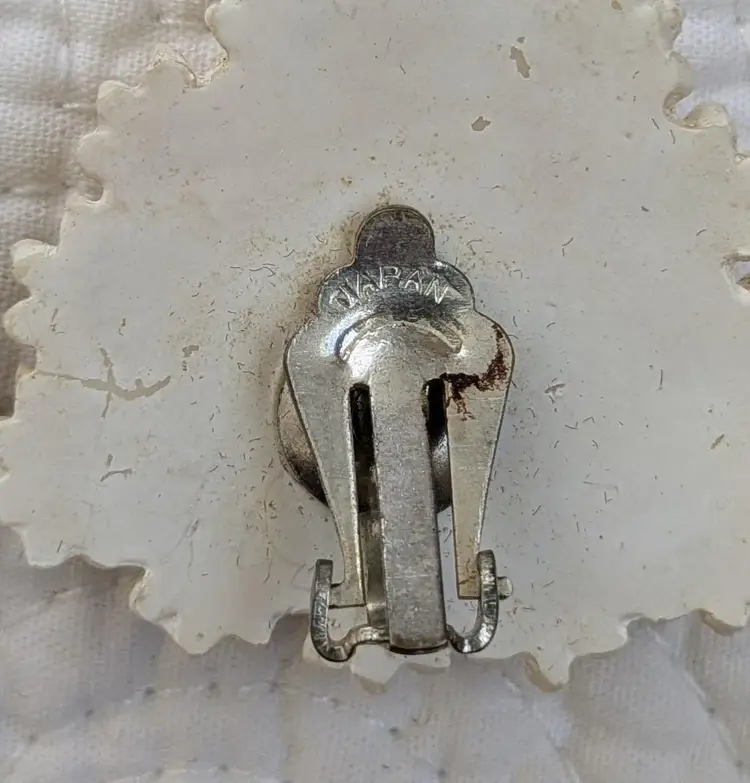 Vintage Celluloid and Mother of Pearl Clip On Earrings with Multicolored Rhinestones, Japan