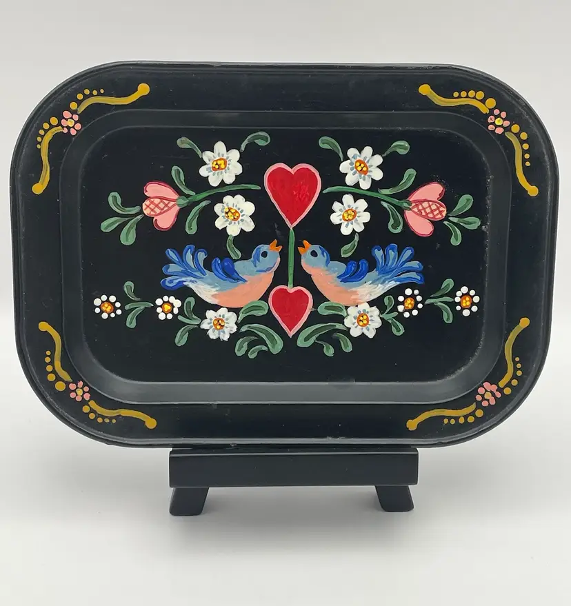 Vintage, Hand Painted, Small Metal Tray, Lovebirds with Florals/Hearts, 5” x 7”, Signed
