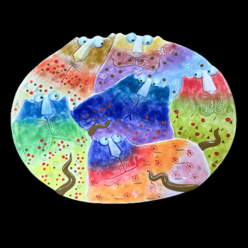 Joy Cats Colorful Cat Platter Wall Hanging Plate Whimsical Fun Playful Kidcore