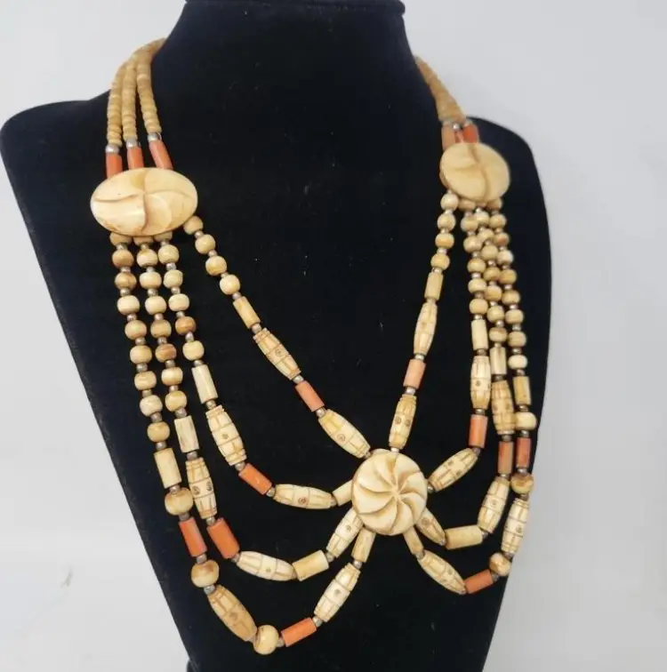 Vintage Carved Bone Bead Necklace Free Shipping