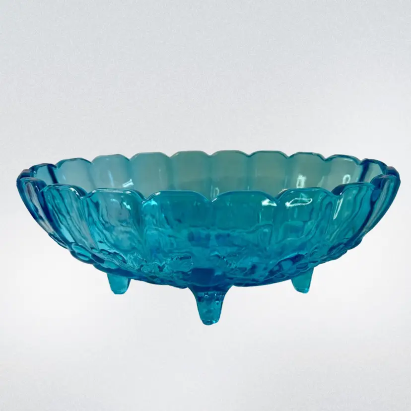 Vintage Indiana Glass Ice Blue Footed Harvest Grape Bowl Scalloped Edge Harvest Grape Pattern Glows 12-1/4” x 8-1/4”