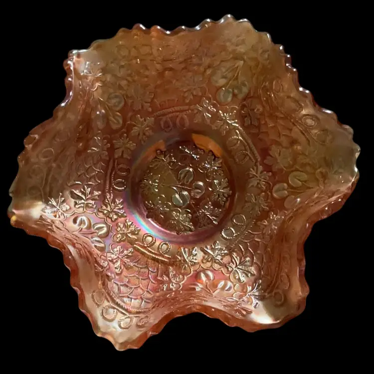 Vintage Fenton Carnival Glass Bowl. Marigold Color With Berry And Leaf Pattern Design. Produced By The Fenton Art Glass Company.