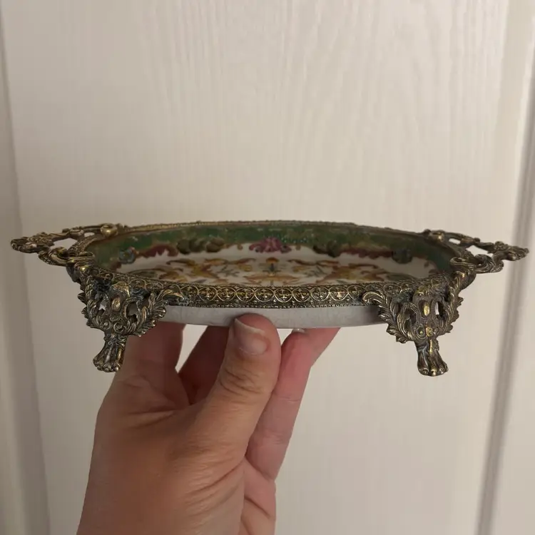 Antique Hua Rong Tang Zhi Porcelain & Brass Ornate Footed Floral Tray