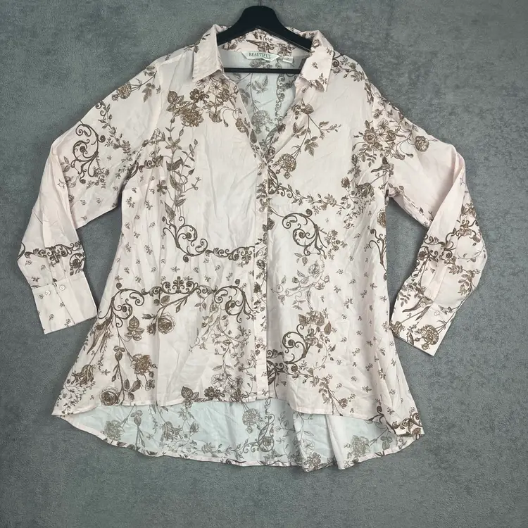 Beautiful by Lawrence Zarian Blouse Womens 1X Pink Floral High Low Button Front Premium Modal