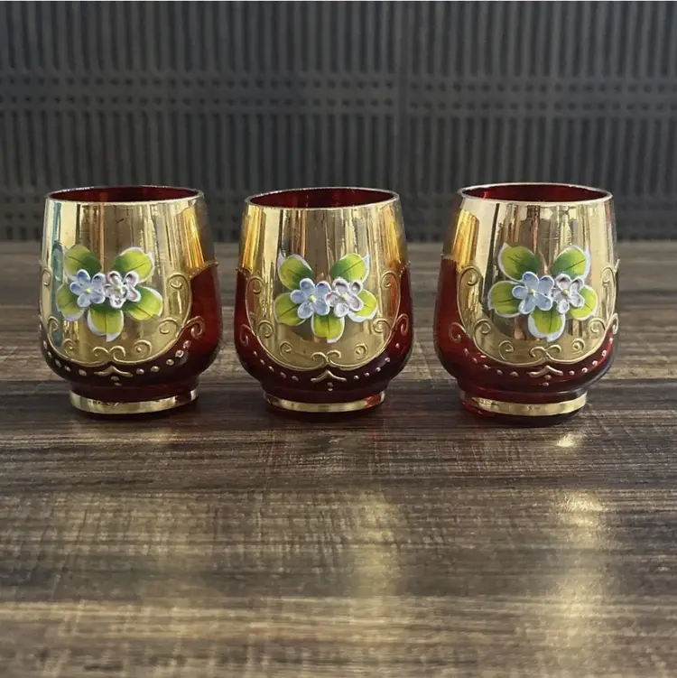 Vintage Bohemian Czech Ruby Glass Cordials Set Gold Gilt Enamel Flowers Set Of 3