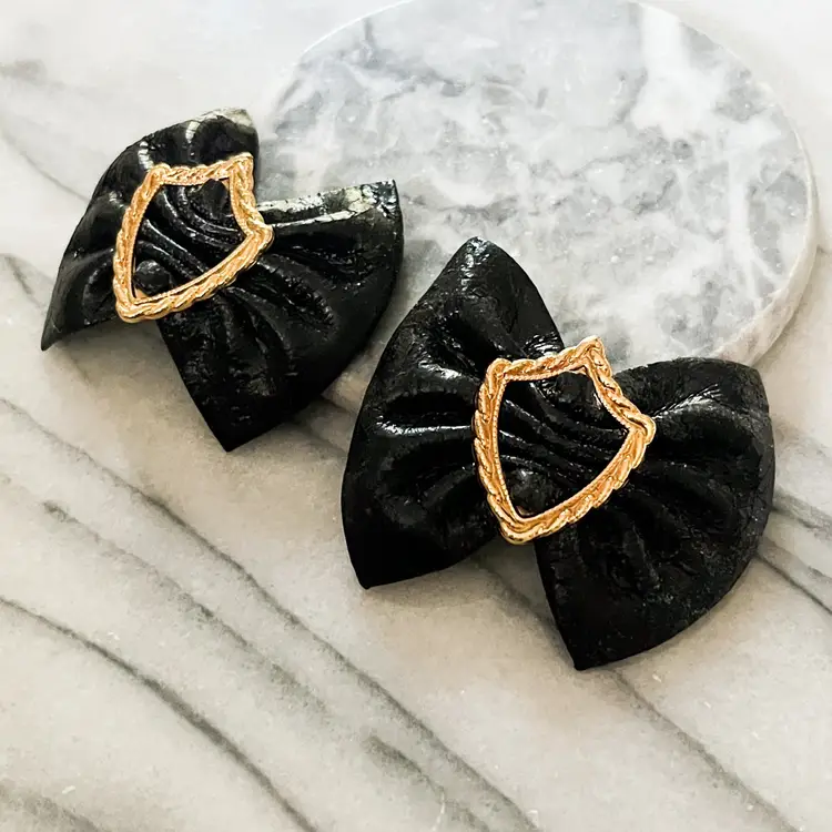 Vintage Vegan Leather Bow Shoe Clips Black Gold Toned Metal Hardware 1980s