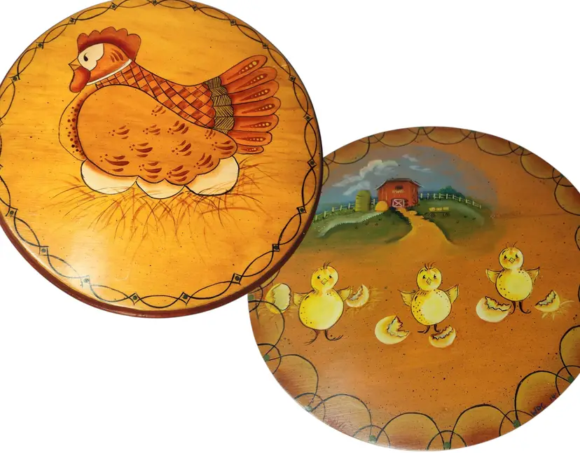 Handmade Wood Slab Double Sided Chicken Decor Eggs Farmhouse Folk Art Kitsch