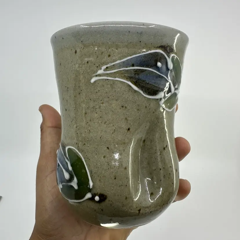 Studio Pottery Cup Leaf Pattern Signed Fogh