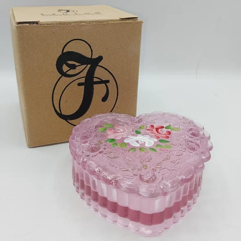 Fenton, Vintage & Scarce Family Signature Series, 'Scott K. Fenton' Rosemilk Heart Shaped Box With Lid. Hand-Painted  Roses By B. Williams. W/Box!