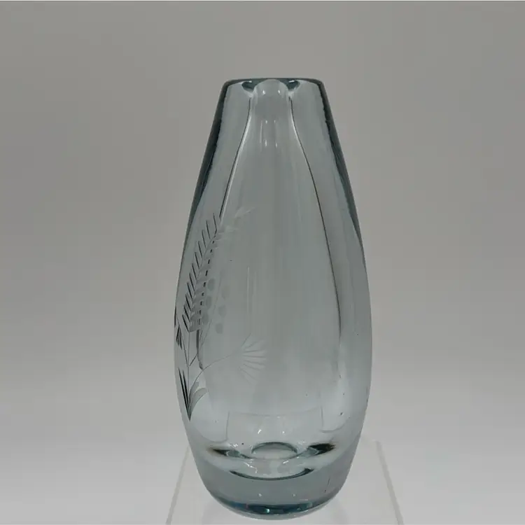 #01 Vintage Light Blue Glass Bud Vase With With Floral Engraved Very Adorable Has Some Glow