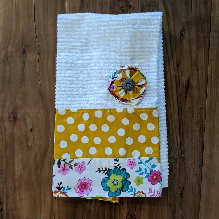Handmade Hand Guest Towel Flower and Yellow Polka Dot Fabric Trim Button Flower