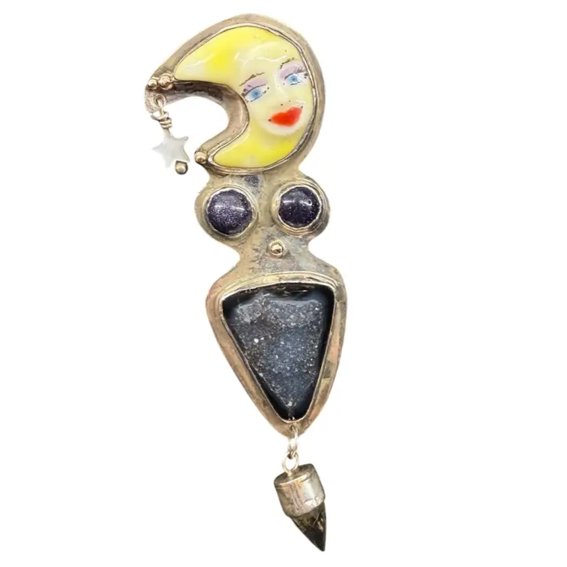 Laura Stamper Sterling Ceramic Stone Moon And Stars Mermaid Pendant Brooch