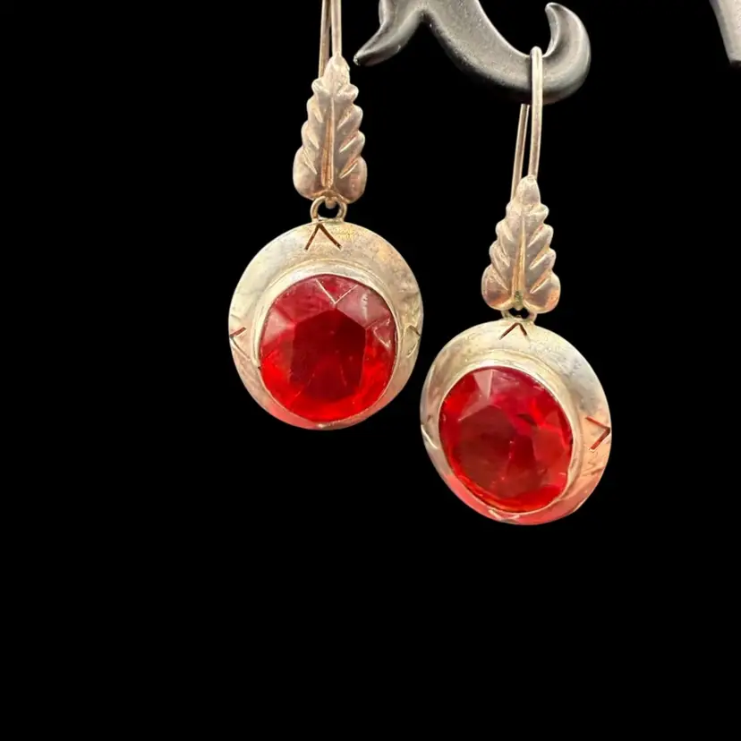 Vintage Sterling Silver And Red Glass Drop Dangle Earrings