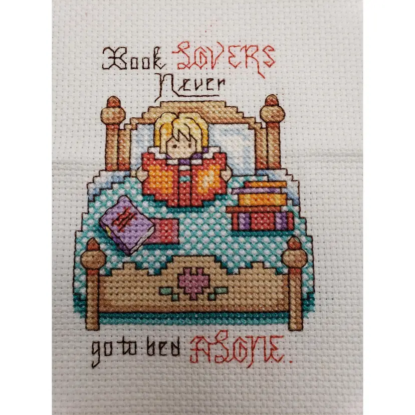 New Handmade Cross-stitched Book Lovers Never Go To Bed Alone Finished Piece
