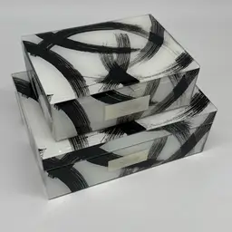 Lacquer Boxes - Pair Of "Rachel Zoe" Black and White Lacquer Under Glass Boxes with Brushstroke Pattern 10”x7”x4” ; 8”x6”x2.5”