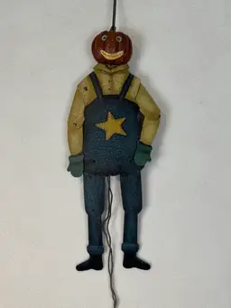 Large Metal Pull String Pumpkin Farmer Halloween hanging decor Jack O Lantern