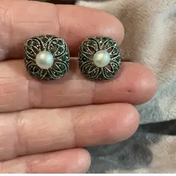 Vintage Style JC 925 Pierced Earrings. Marcasite & Genuine Pearl. Art Deco Style Motif . Very Gorgeous Earrings , Great For Gift Giving !! It’s The Season !!