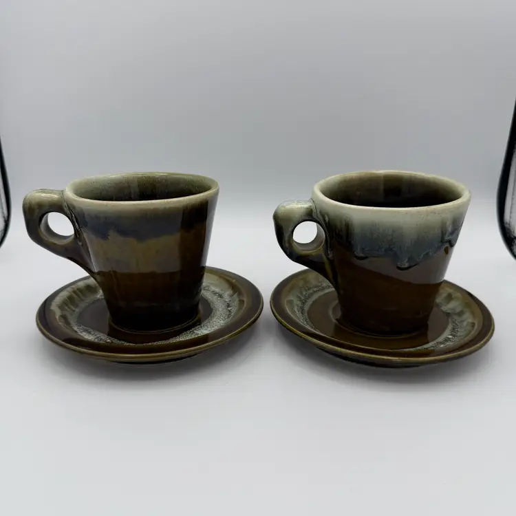 Green Drip Glaze Set of 2 Cups and Saucers