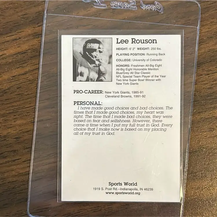 Lee Rouson Autographed Card. New York Giants