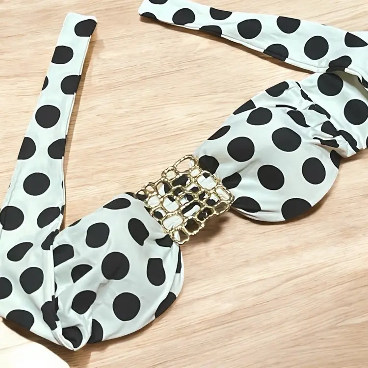 Off White And Black Polka Dot Bandeau Bikini Top With Gold Center…