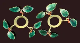 2 Green Holly Leaves with Red Berries Enamel on Gold tone/brass Candle Rings
