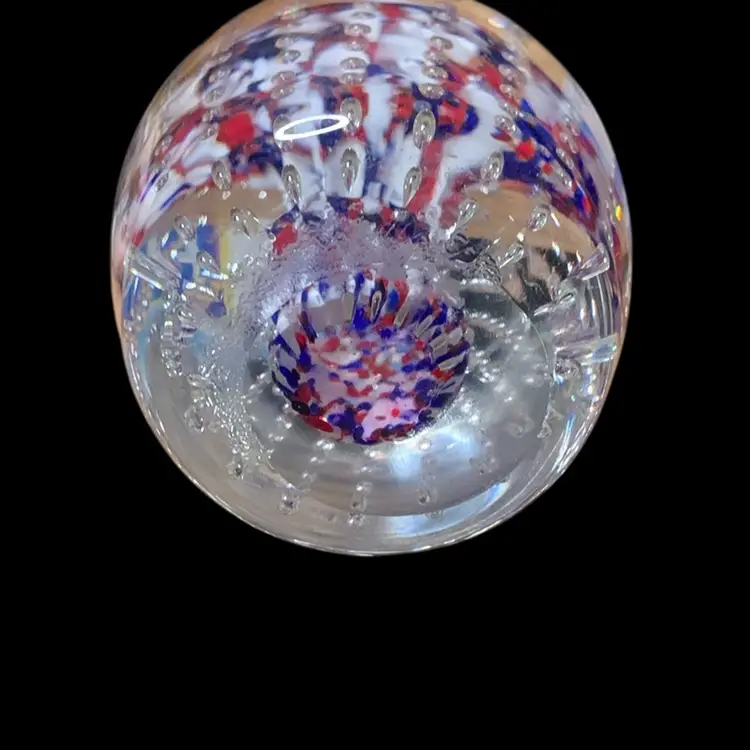 Vintage red white and blue glass paperweight with controlled bubbles 4 inches tall