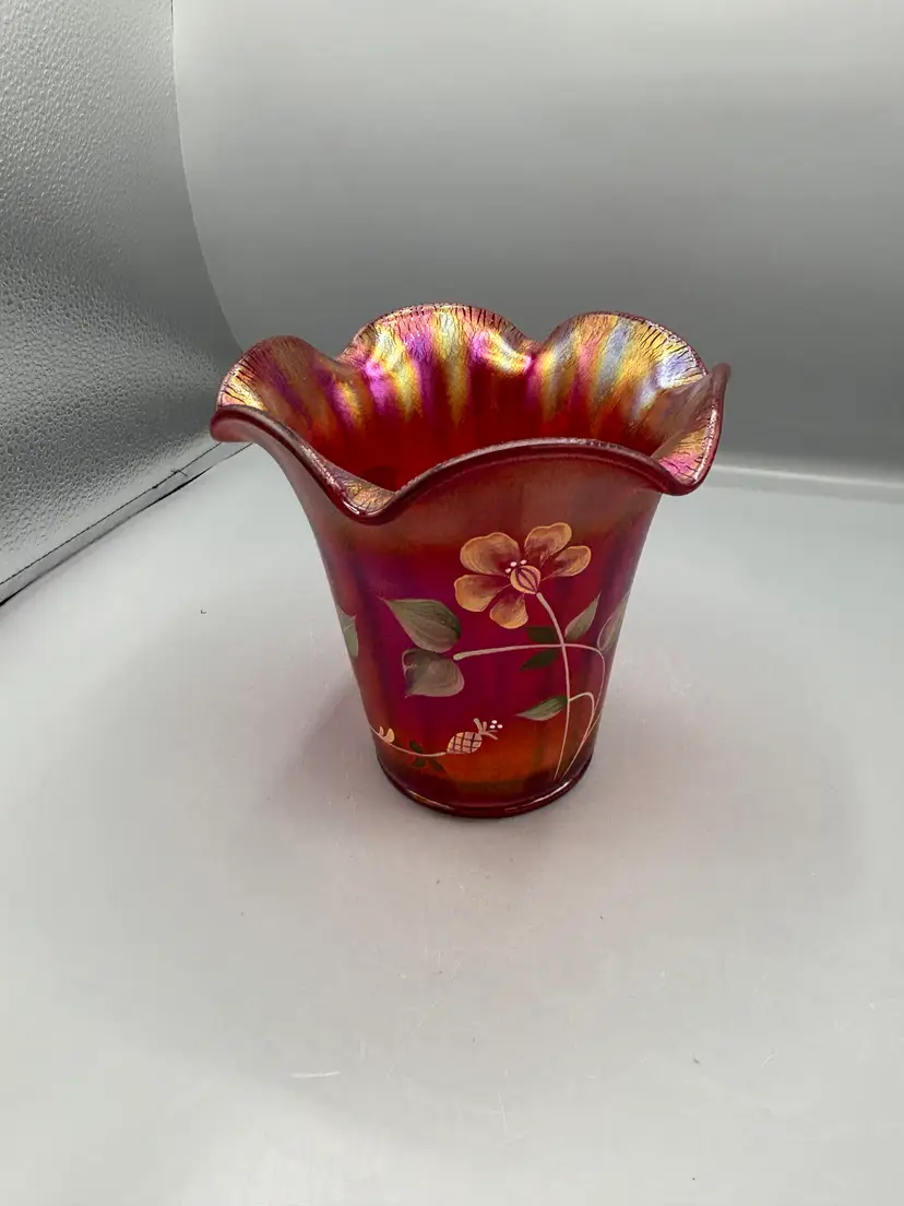Fenton 100th anniversary ruby red stretch vase with flowers