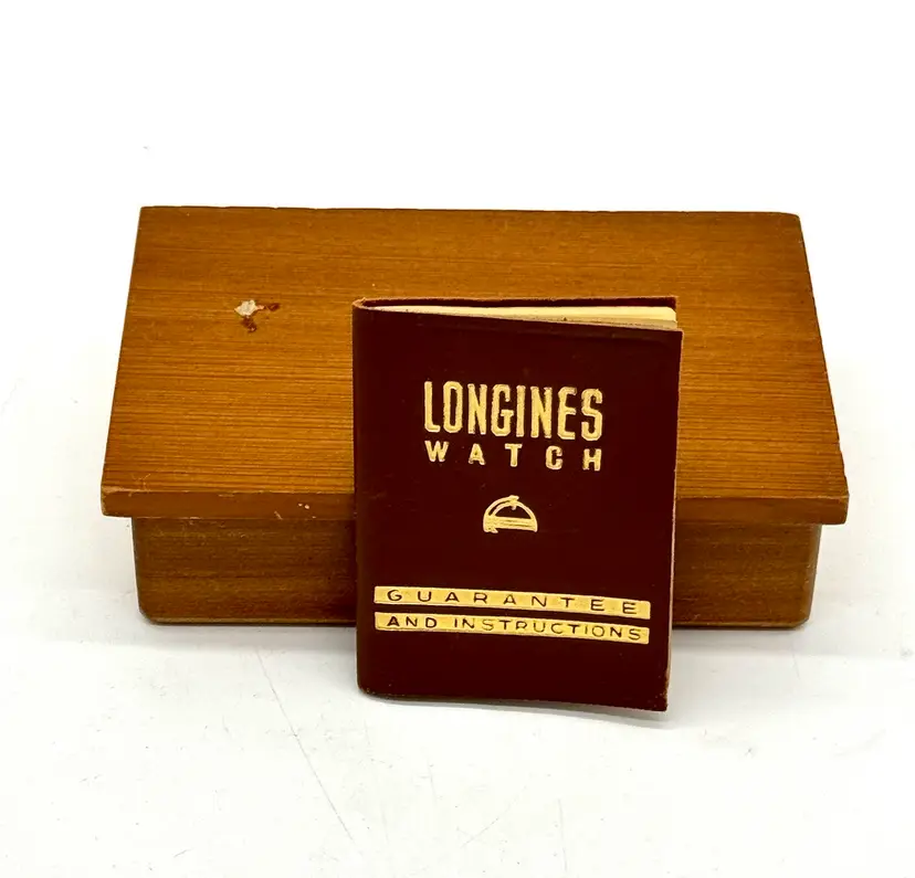 Watch Box Vintage Longines Wood And Velvet w Guarantee and Instructions Booklet 5”W (No Watch)