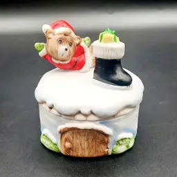 Vintage Homco Christmas Bear Ceramic Lidded Trinket Box