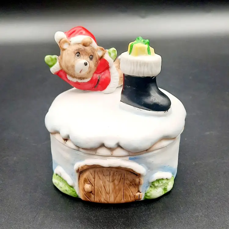 Vintage Homco Christmas Bear Ceramic Lidded Trinket Box