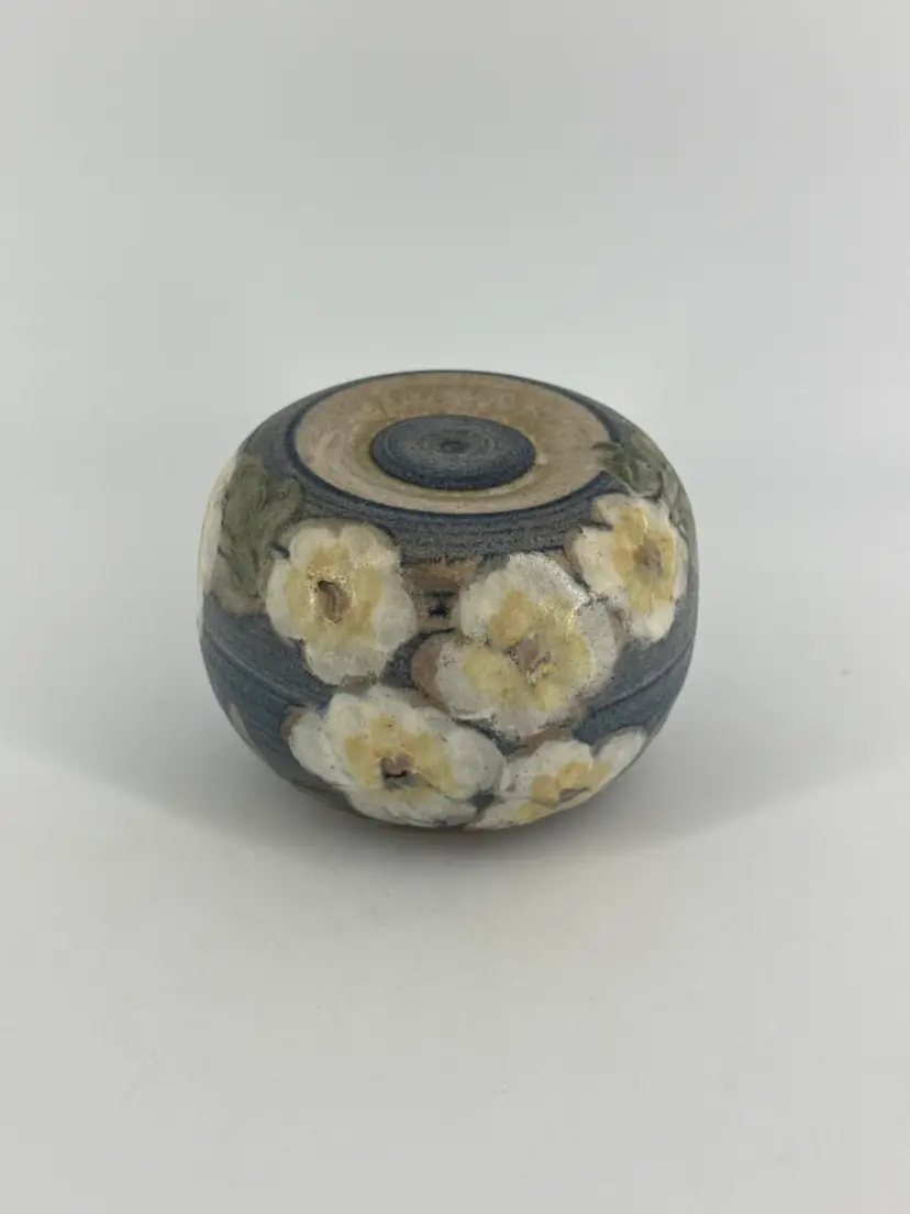 Handmade Stoneware Pottery Orb Candle Holder Etched White Florals