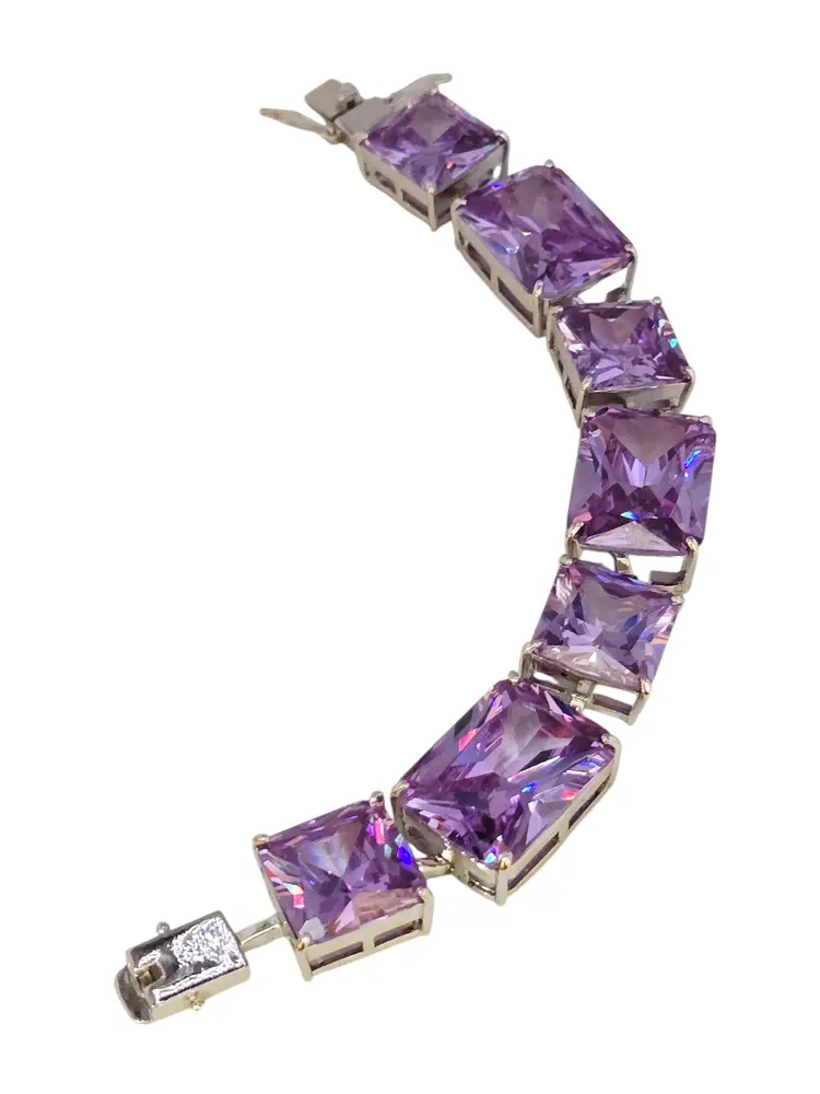 Vintage Well Made Highly Faceted Lilac Glass Square Cut Linked Bracelet (A9003)