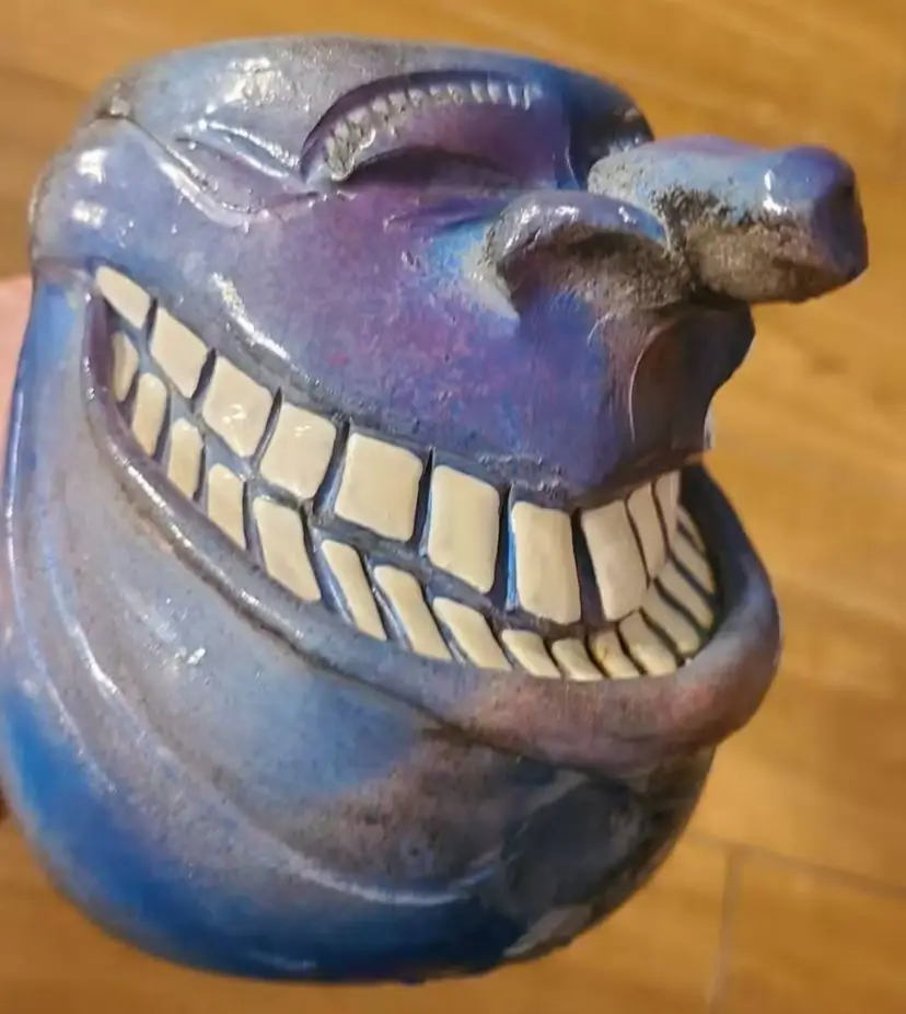 Handmade Kitschy Ugly Face Pottery Mug Blue