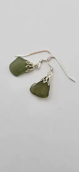 Real Maine Seaglass Earrings, Olive Green Simple Drop Sterling Silver Ear Wire