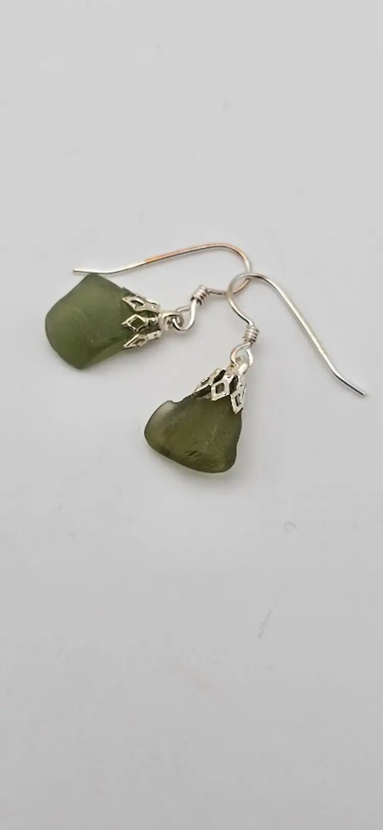 Real Maine Seaglass Earrings, Olive Green Simple Drop Sterling Silver Ear Wire
