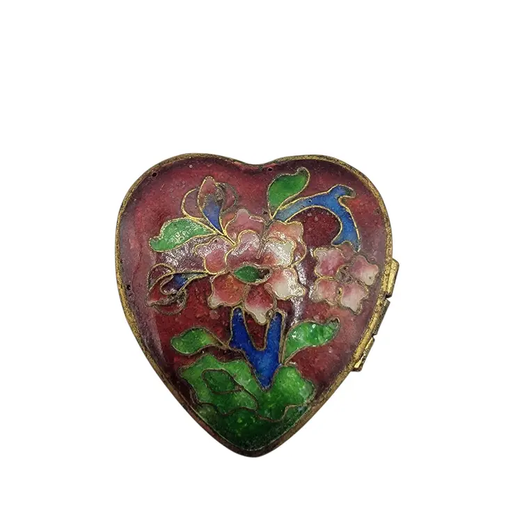 VTG Cloisonné Burgundy Heart Shaped Trinket Box With Floral Design